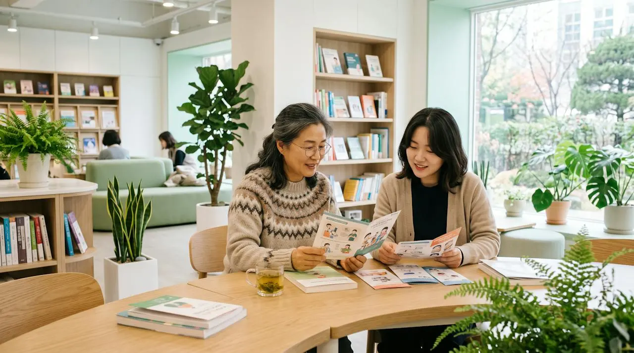 가족이 함께 의료 정보 자료를 살펴보는 모습을 표현한 연출 이미지
